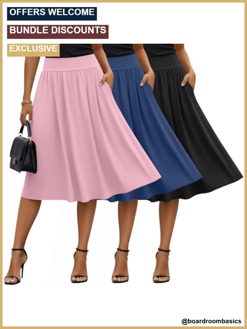 3 Pack Womens Midi Skirts Knee Length with Pockets High Waisted Casual Summer